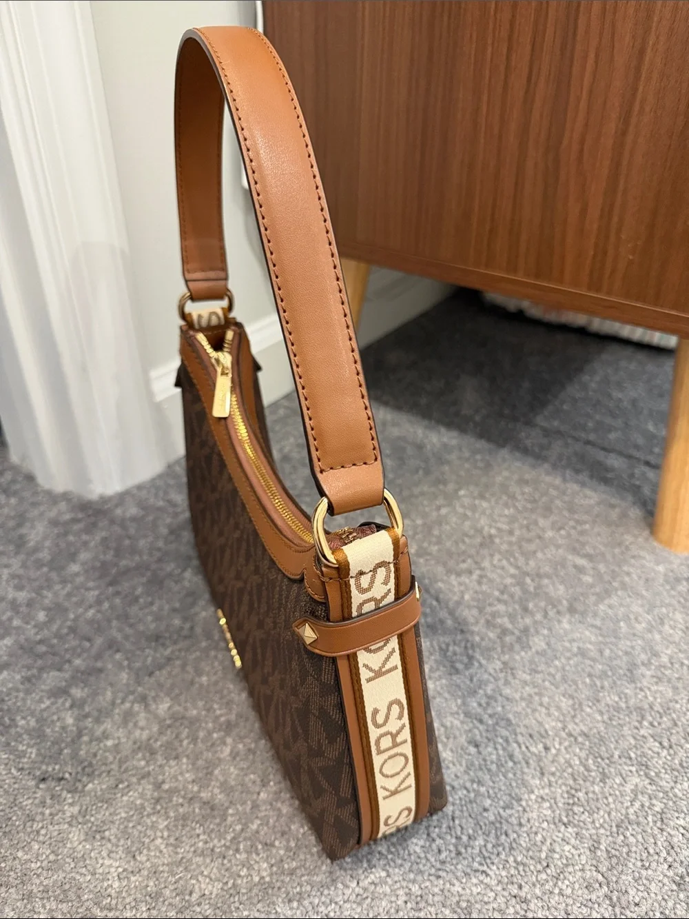 Michael Kors Brown MK Signature Shoulder Bag with Tan Trim